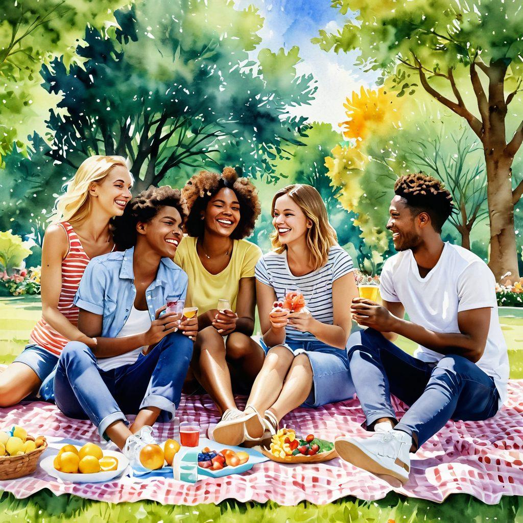 A diverse group of friends laughing and sharing moments in a sunny park, surrounded by colorful flowers and trees, symbolizing unity and joy. They are engaging in activities like playing games and having picnic, showcasing a strong sense of community. The atmosphere is warm and inviting, filled with genuine smiles and vibrant energy. bright colors. watercolor style.