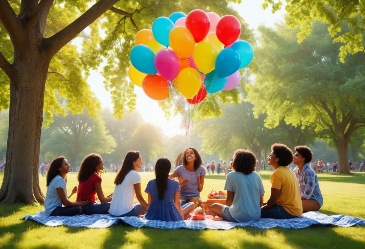 A vibrant, joyful gathering of diverse friends in a park, sharing laughter and stories, surrounded by colorful balloons and picnic setups. Include elements representing support and connection, like a group hug and interlocking hands. The scene should exude warmth and happiness, with a bright blue sky and soft sunlight streaming through the trees. super-realistic. vibrant colors. cheerful atmosphere.