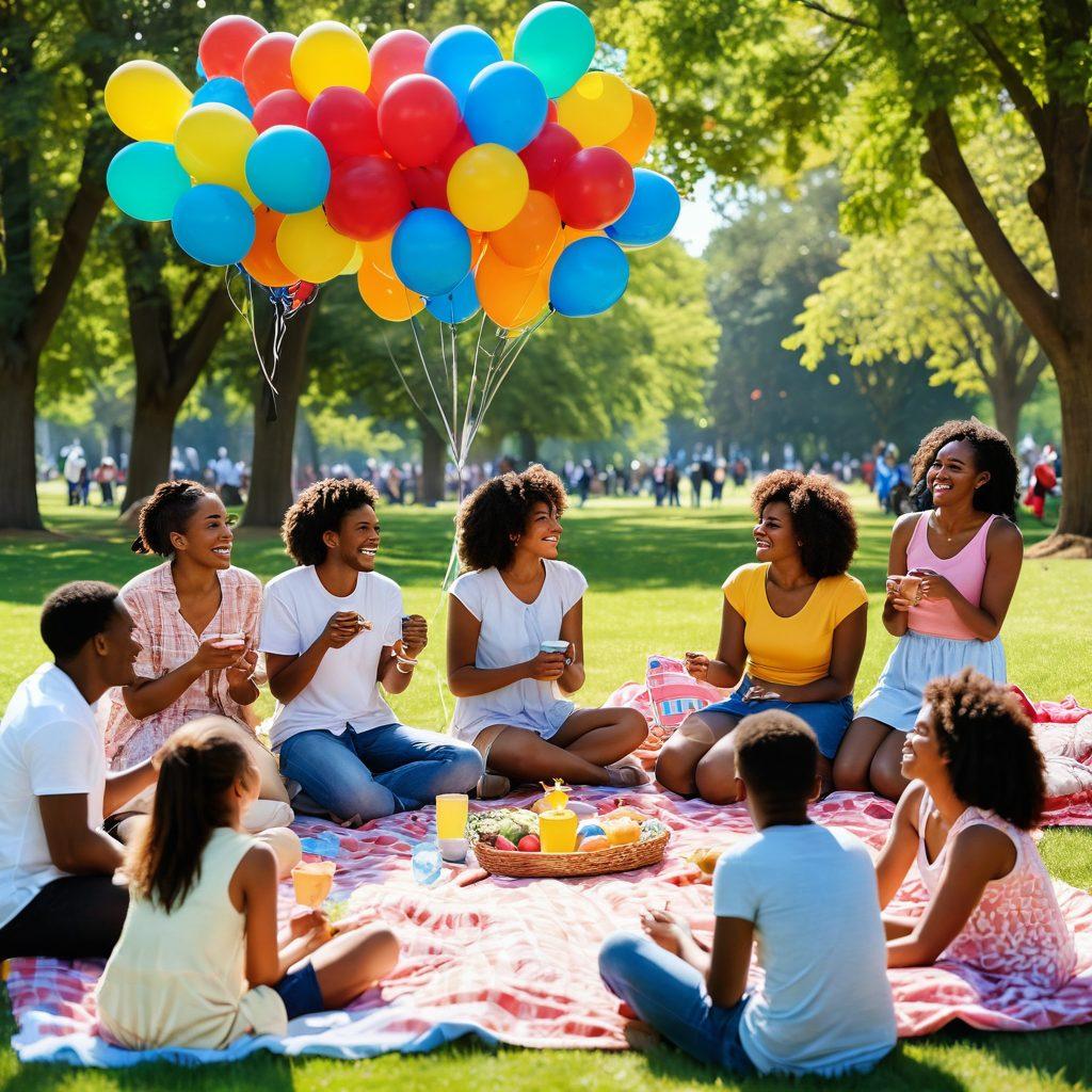 A vibrant gathering of diverse people sharing joyful moments in a sunlit park, surrounded by colorful balloons and warm smiles, embodying the essence of friendship and community. Include elements like picnic blankets, playful pets, and laughter, reflecting a sense of harmony and connection. super-realistic. vibrant colors. cheerful atmosphere.